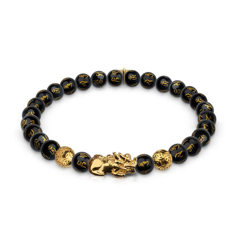Mini Pixiu Feng Shui Armband | Kohlenstoffelement | Schwarzer Achat x 18 Karat Gold